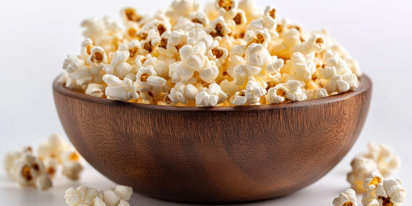 Perfectly popped popcorn served in a wooden bowl on a clean white surface for a cozy movie night at home